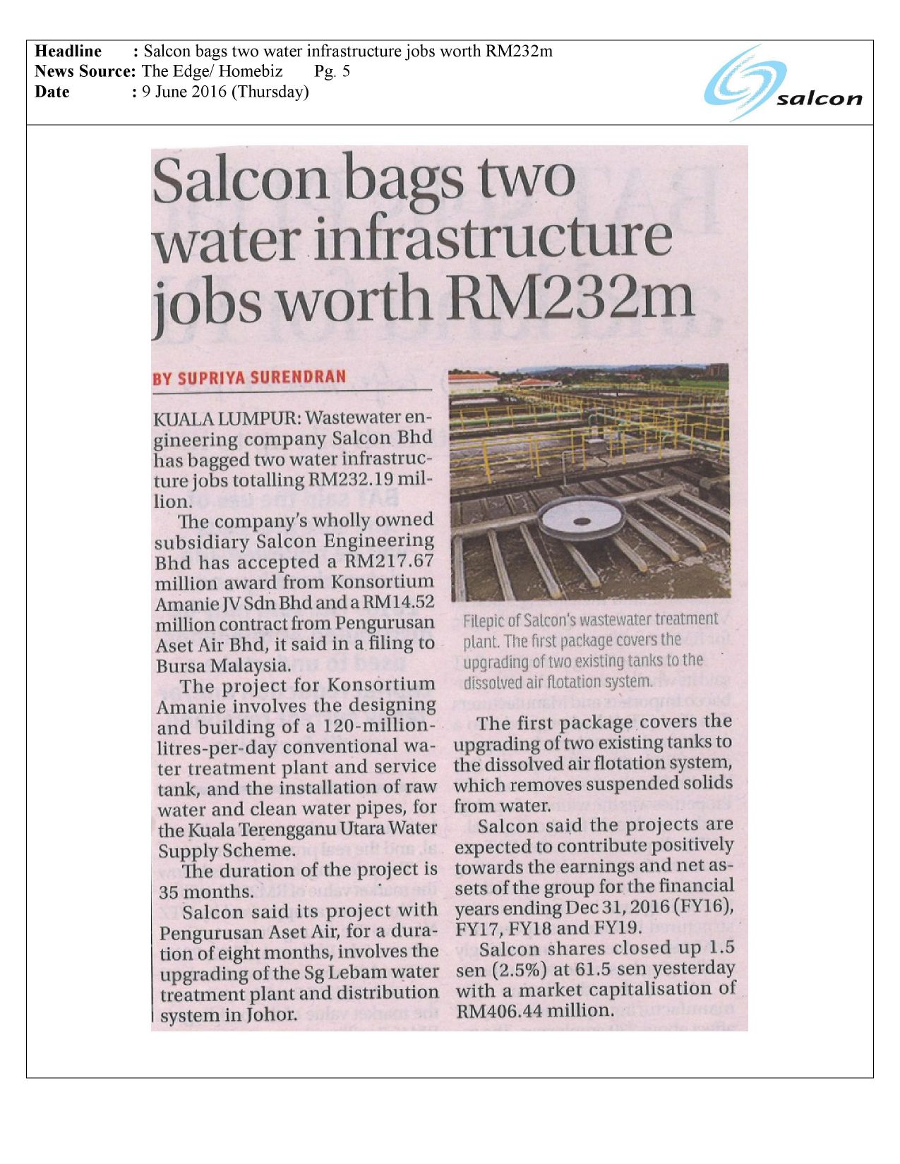Salcon bags two water infrastructure jobs worth RM232m