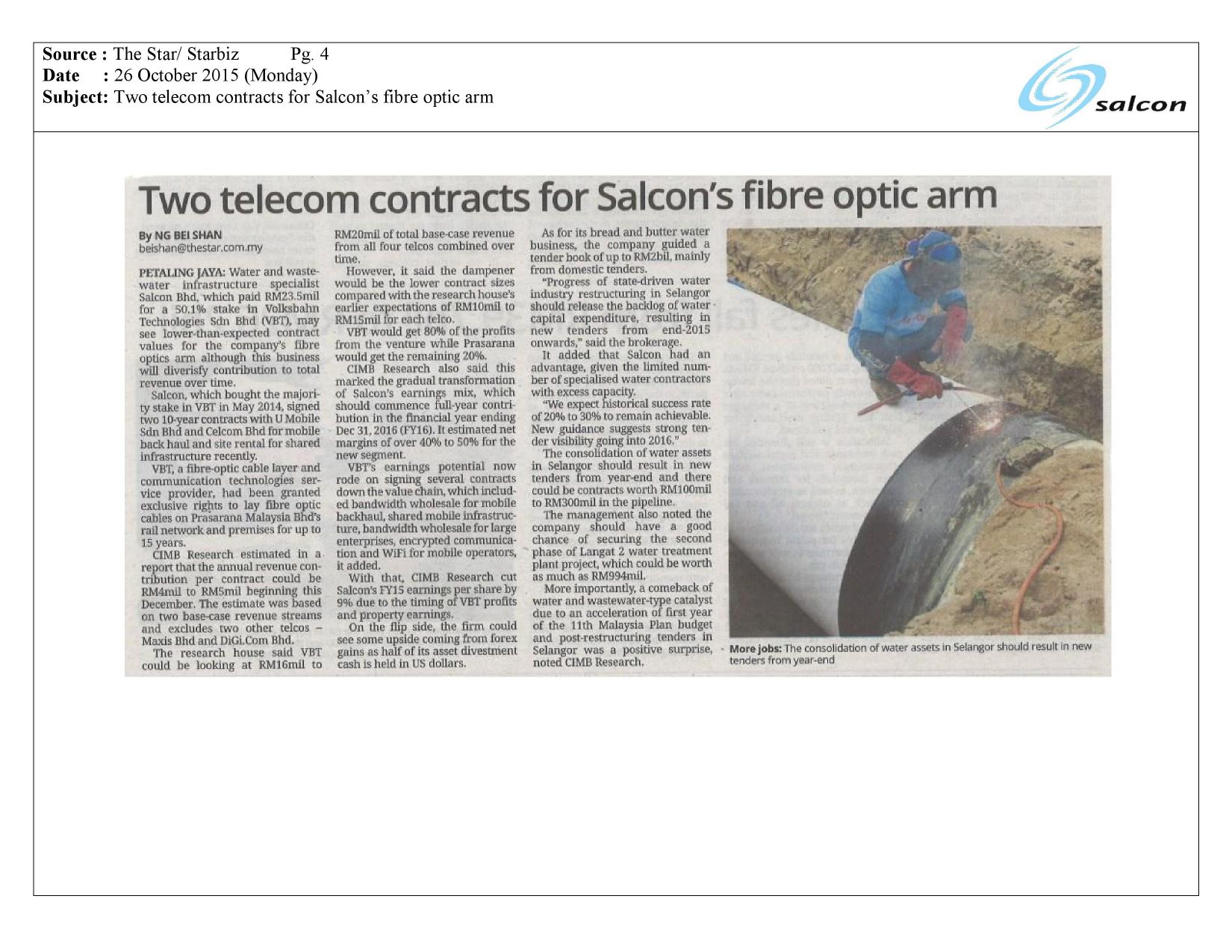 Two telecom contracts for Salcon’s fibre optic arm