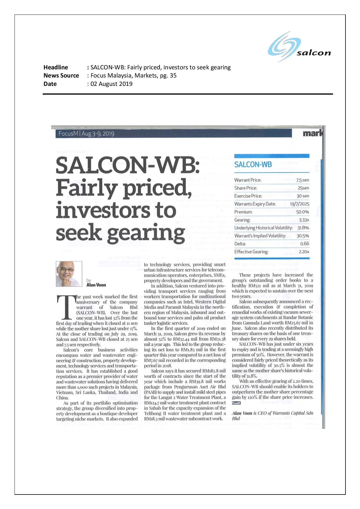 Salcon-WB: Fairly priced, investors to seek gearing