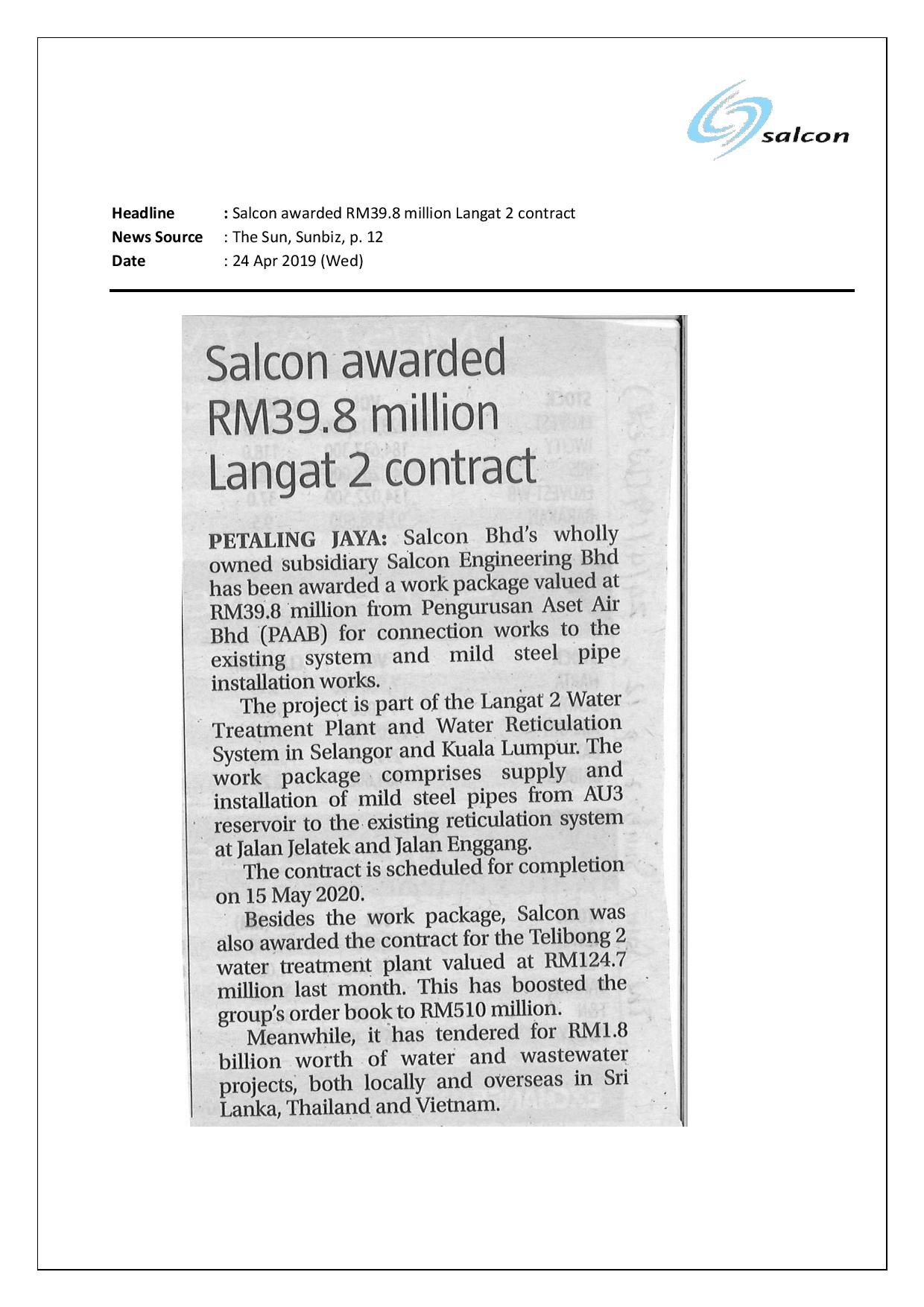 Salcon awarded RM39.8 million Langat 2 contract