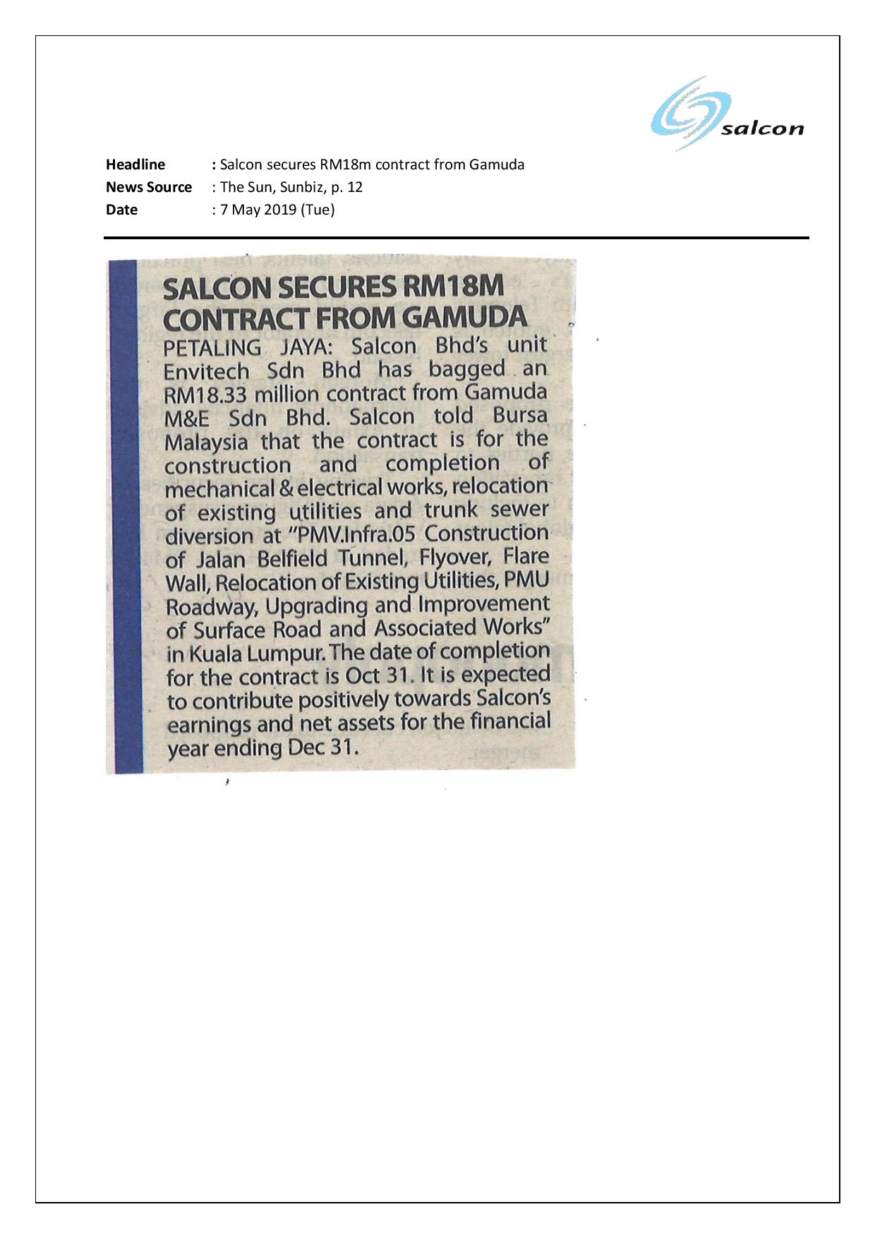 Salcon secures RM18m contract from Gamuda