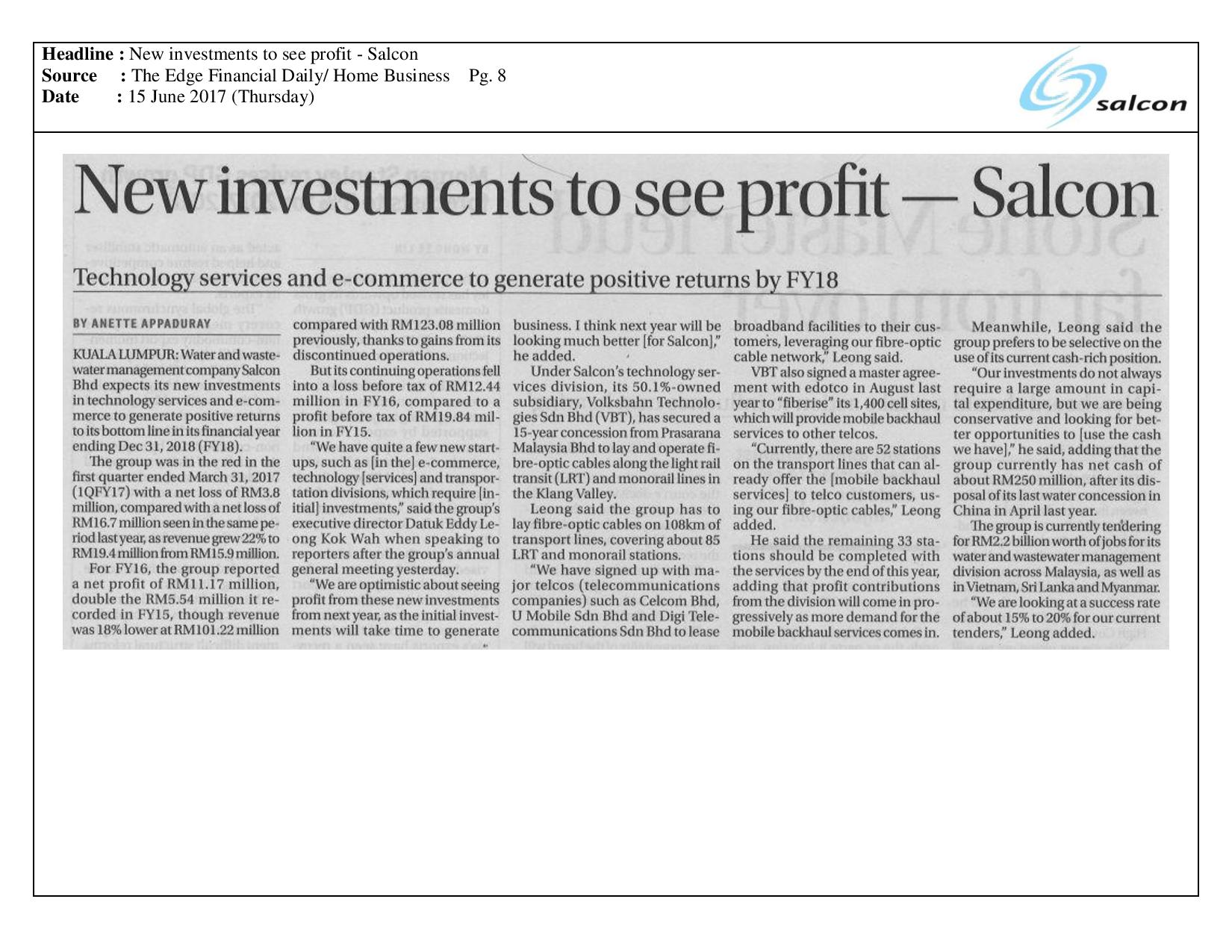 New investments to see profit – Salcon