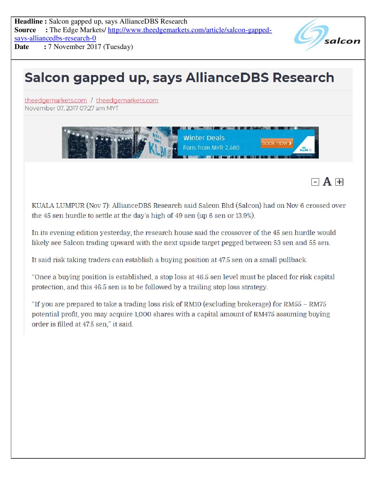 Salcon gapped up, says AllianceDBS Research