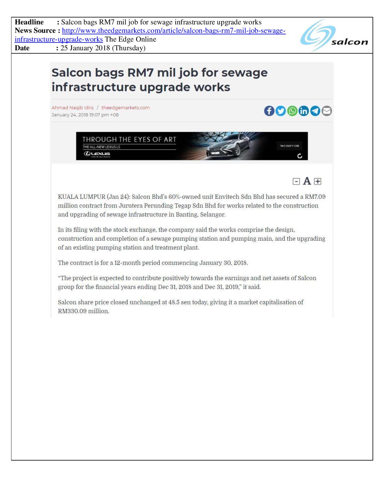 Salcon bags RM7 mil job for sewage infrastructure upgrade works