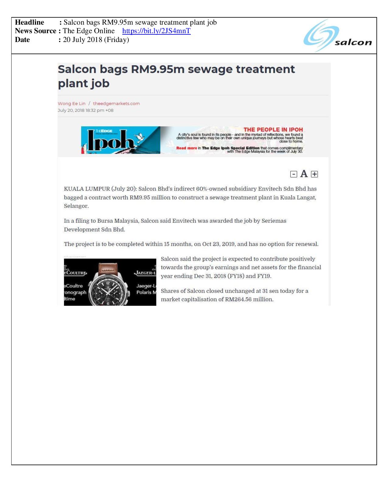 Salcon bags RM9.95m sewage treatment plant job