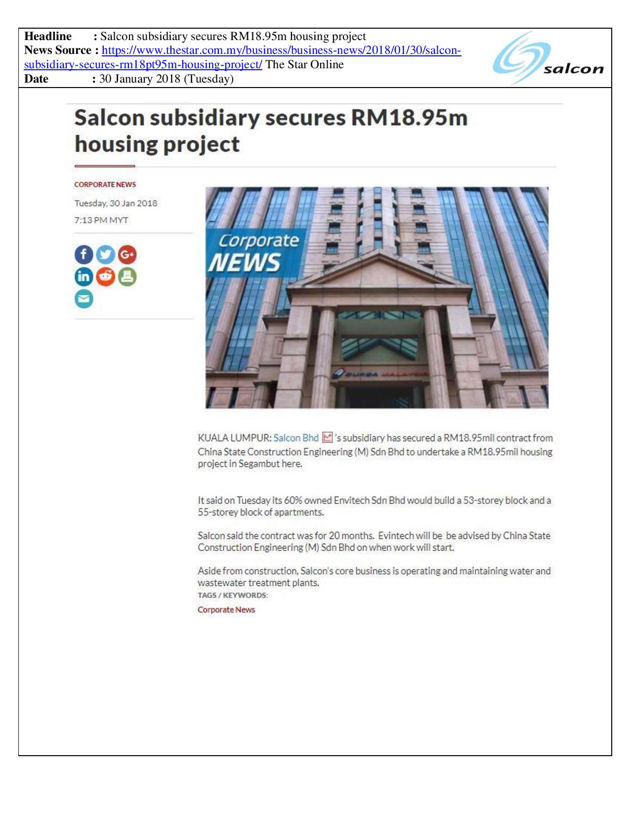 Salcon subsidiary secures RM18.95m housing project