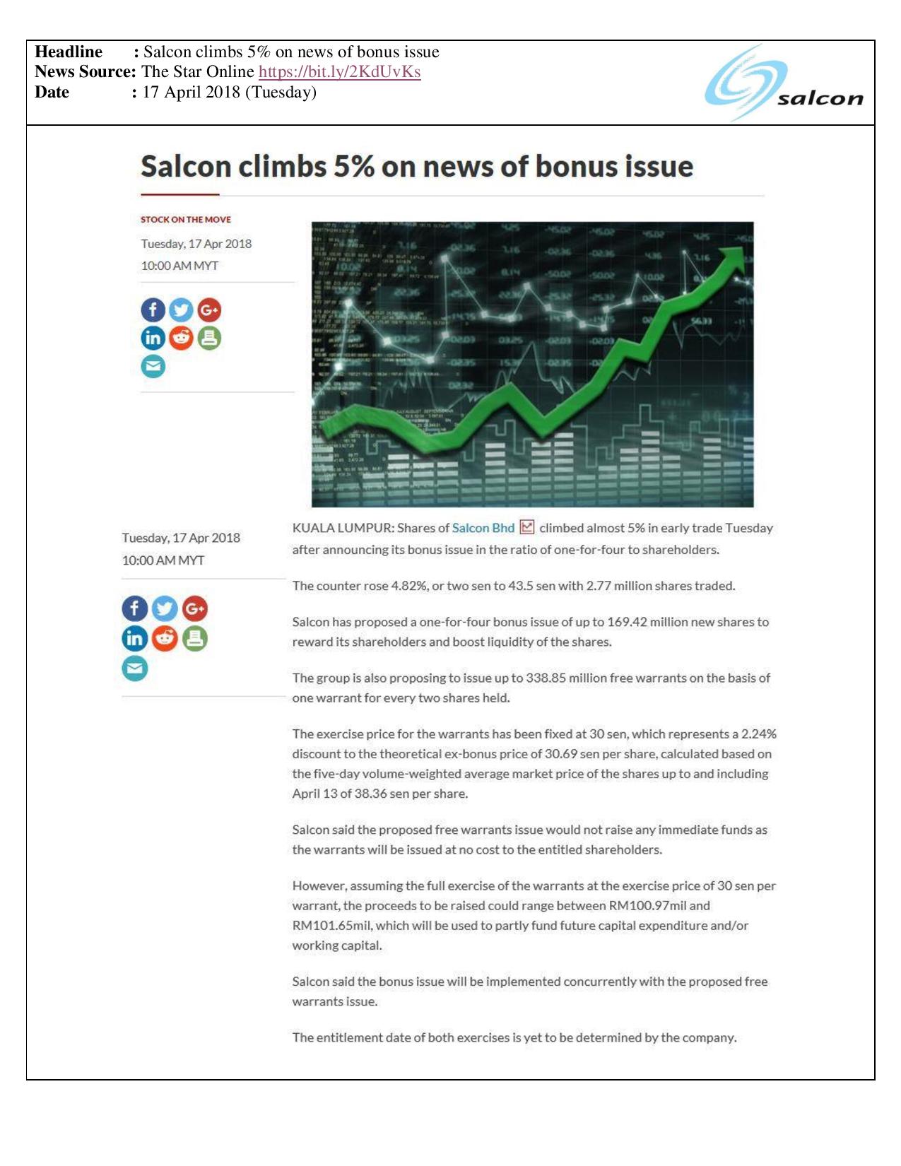 Salcon climbs 5% on news of bonus issue