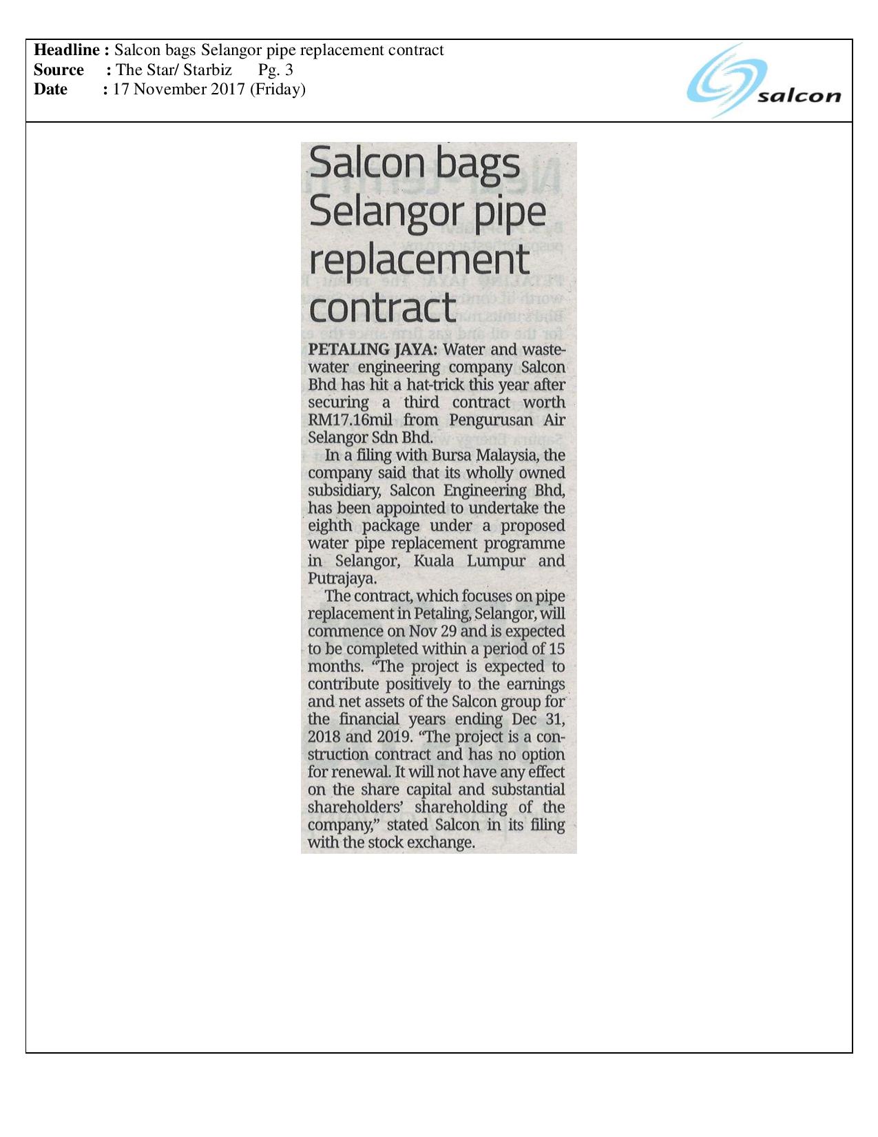 Salcon bags Selangor pipe replacement contract