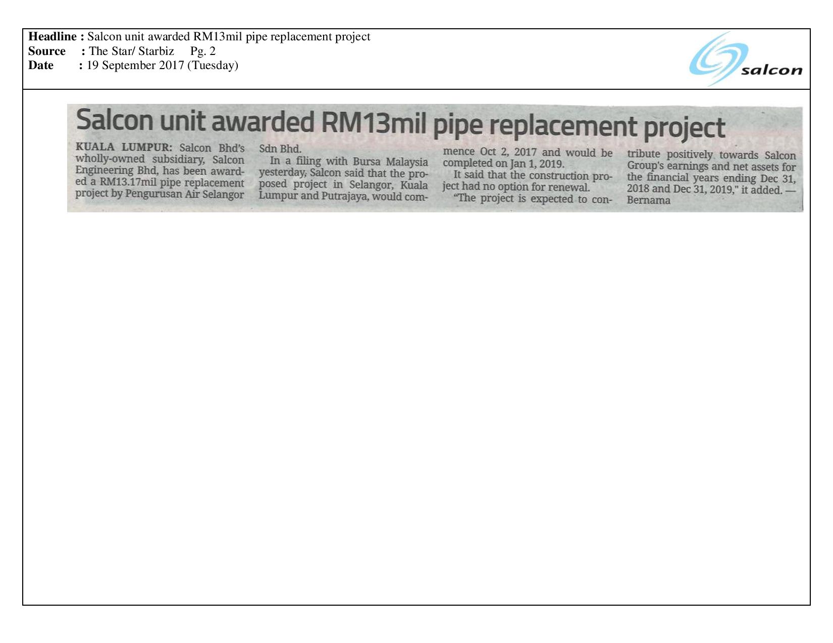 Salcon unit awarded RM13mil pipe replacement project