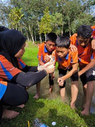 Students conducting chemical test to identify content in river water